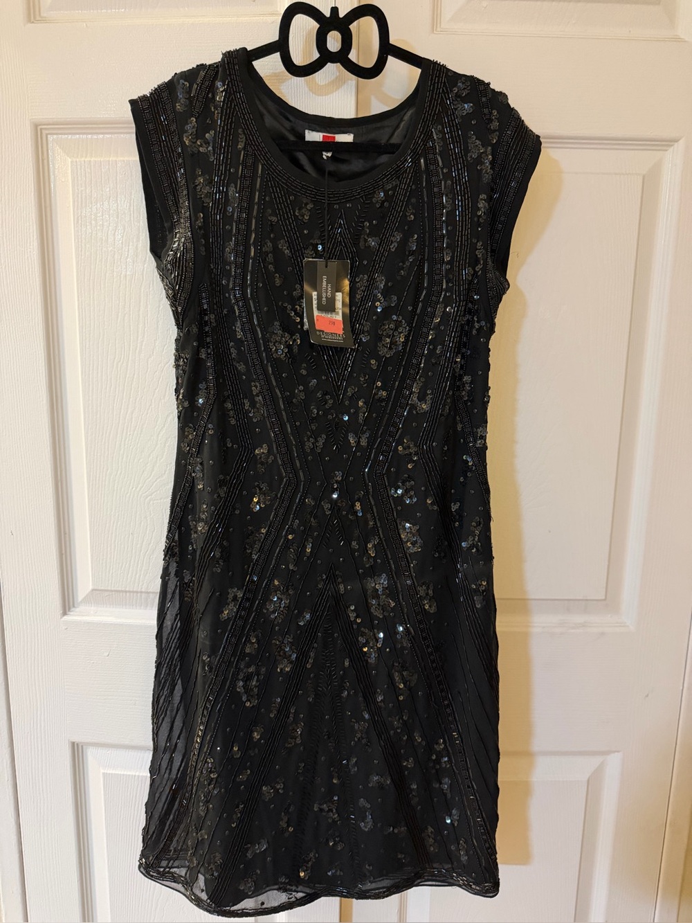 Saks Fifth Avenue Black Beaded Cap-Sleeve Mini Dress